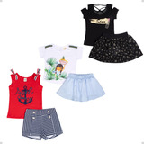 Kit Com 6 Peças - 3 Blusas E 3 Shorts Tecido Premium Meninas