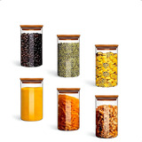 Kit Com 6 Potes De Vidro C/ Tampa De Bambu Hermético 300ml