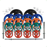 Kit Com 80kg Anilhas Emborrachadas + Barras Com Presilhas
