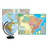 Kit Com Globo Inflavel 30 Cm + 2 Mapas ( Mundi + Brasil)