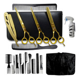 Kit Completo 3 Tesouras Cabelo Profissionais Fio Laser Fio Navalha Desfiadeira + Kit 10 Pentes + Borrifador Névoa Cor Dourado