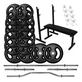 Kit Completo 80kg Anilhas Com Barras E Banco Supino 30 Peças
