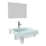 Kit Completo Pia Vidro Curvo Marmore C Suporte Inox Banheiro