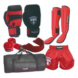 Kit Completo Vermelho Muaythai Luva Canel Band Bolsa Premium