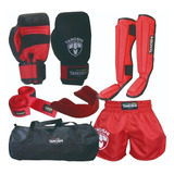 Kit Completo Vermelho Muaythai Luva Canel Short Bolsa