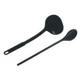 Kit Concha E Colher Para Servir Grande De Plástico Preto