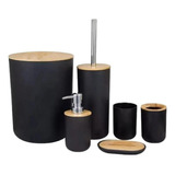 Kit Conjunto Banheiro Lavabo Escova Lixeira 6 Peças Bambu