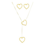 Kit Conjunto Brinco E Colar Gravatinha Coração Folheado Ouro