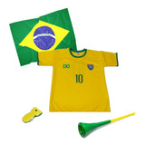 Kit Copa Do Mundo Camisa Do Brasil Vuvuzela Apito Bandeira