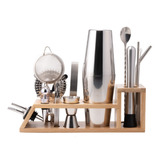 Kit Coqueteleira Em Aço Inox E Suporte De Bambu 17 Peças