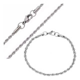 Kit Corrente Masculina 60cm 2mm Cordão Baiano E Pulseira Aço