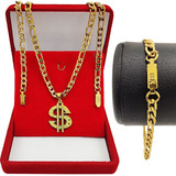 Kit Corrente Masculina + Pulseira + Pingente Banho 18k Top
