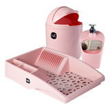 Kit Cozinha Escorredor De Louça Lixeira 4l Dispenser Rosa Uz