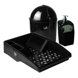 Kit Cozinha Escorredor De Louça Lixeira Dispenser Preto Uz