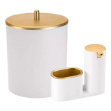 Kit Cozinha Lixeira E Dispenser P/ Detergente Branco Dourado
