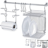 Kit Cozinha Suspensa Escorredor Porta Rolos Papel Toalha Filme 3 Ganchos Kit3 Cromado Louças Cook Home Com Nota Fiscal