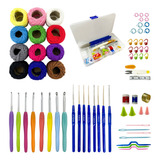 Kit Croche Completo Agulhas Dedal Marcadores Linhas Colorida