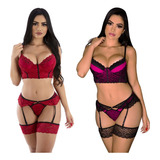Kit De 2 Lingerie Cropped Luxo Renda Sensual + Cinta Liga