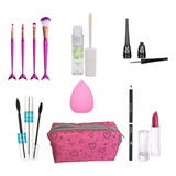 Kit De Maquiagem Batom Gloss Rímel Delineador Pincel Esponja