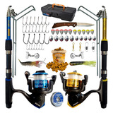 Kit De Pesca Completo 10kg C/ 2 Varas + 2 Molinetes + Itens Cor Azul / Amarelo