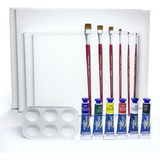 Kit De Pintura Com 4 Telas + 6 Tintas + 6 Pinceis + Godê
