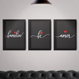 Kit De Quadros Amor Fé Família 30x40 P/ Sala C Moldura/vidro