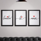 Kit De Quadros Amor Fé Família Conjunto 30x40 Moldura/vidro