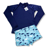 Kit De Sunga Boxer Infantil Com Blusa Proteção Uv 50