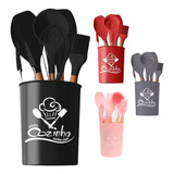 Kit De Utensílios Talheres De Silicone Com Cabo Madeira 7 Pç