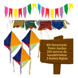 Kit Decoração Festa Junina 100m Bandeirinhas 3 Balões Junino