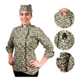 Kit Dólmã Feminina + Bandana Chef De Cozinha Camuflado