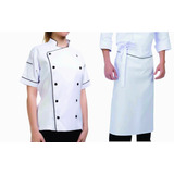 Kit Doma Feminina Manga Curta + Avental Cintura Chef Cozinha