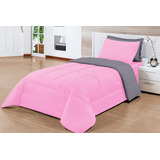 Kit Edredom Dupla Face Solteiro Rosa Cinza+ Lençol C/4pçs