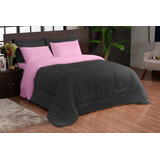 Kit Edredon Ternura Casal Queen 6 Peça Pink Preto Dupla Face
