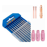 Kit Eletrodo Tungstênio Solda Tig Azul Pinça Bocal Corpo 2,4
