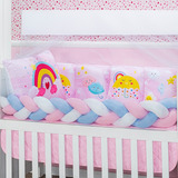 Kit Enxoval Berço Trança Sol Nuvem Arco Iris Rosa 10 Peças 