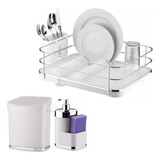 Kit Escorredor Lixeira Para Detergente Bucha Cozinha Cromado Cor Branco