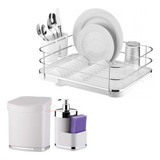 Kit Escorredor Lixeira Para Detergente Bucha Cozinha Cromado