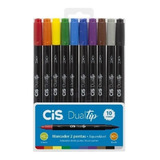 Kit Estojo 10 Caneta Pincel Dual Tip Brush Pen Fineliner Cis