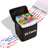 Kit Estojo Canetinhas 24 Cores Escolar Desenhos Ponta Dupla