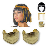 Kit Fantasia Cleópatra Peruca + Tiara + 2 Bracelete Dourado