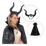 Kit Fantasia Malévola Tiara + Capa Luxo Halloween Carnaval