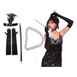 Kit Fantasia Melindrosa Gangster Tiara Luvas Colar 4 Pçs
