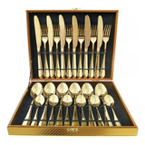 Kit Faqueiro Maleta De Talheres Inox 24 Peças Com Dourado