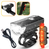 Kit Farol Bike + Pisca Led Traseiro Recarregável + Cabo Usb