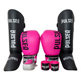 Kit Feminino Muay Thai Luva 12oz Caneleira Bandagem Bucal