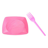 Kit Festa 50 Pessoas Pratos E Garfos P/ Bolo Acrílico Rosa