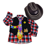 Kit Festa Junina Camisa Xadrez Infantil C/ Colete + Chapéu