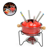 Kit Fondue Inox Esmaltado 410ml Completo 10 Peças 6 Garfos