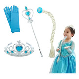 Kit Frozen Elsa Fantasia Infantil Trança Luva Coroa Varinha